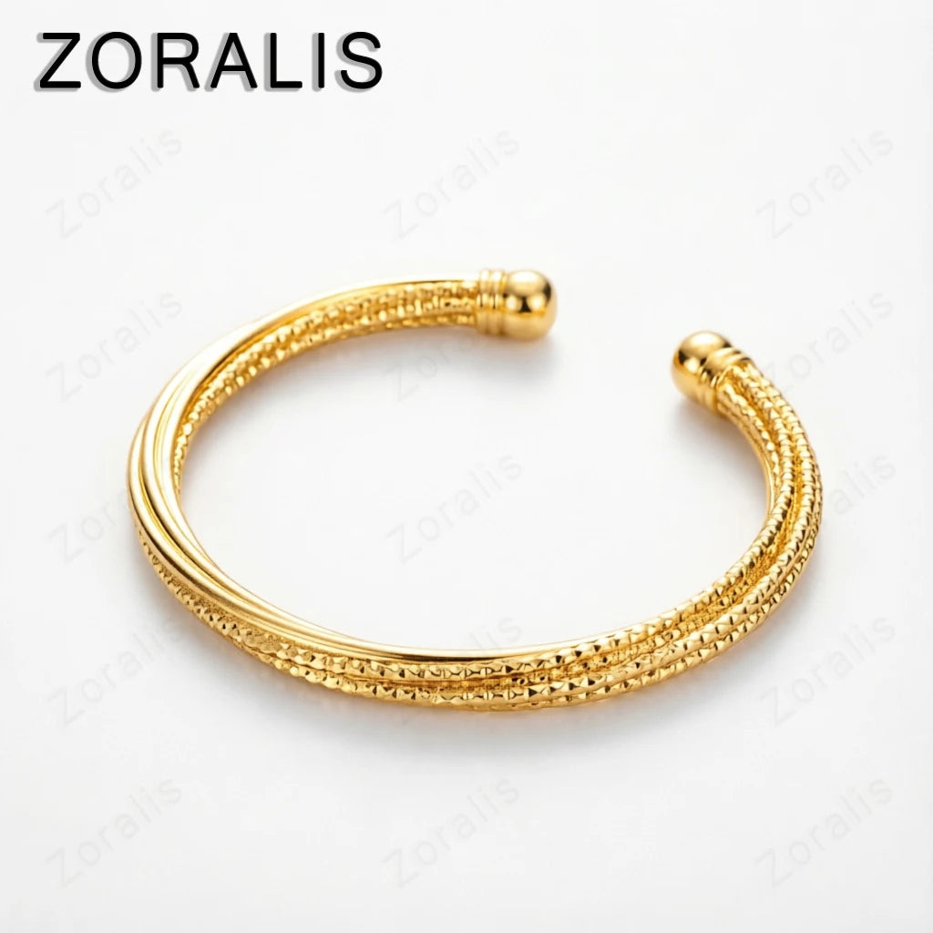 18K Gold Plated Twisted Grainy Opening Bangle Bracelet for Women – Wedding Fashion Jewelry