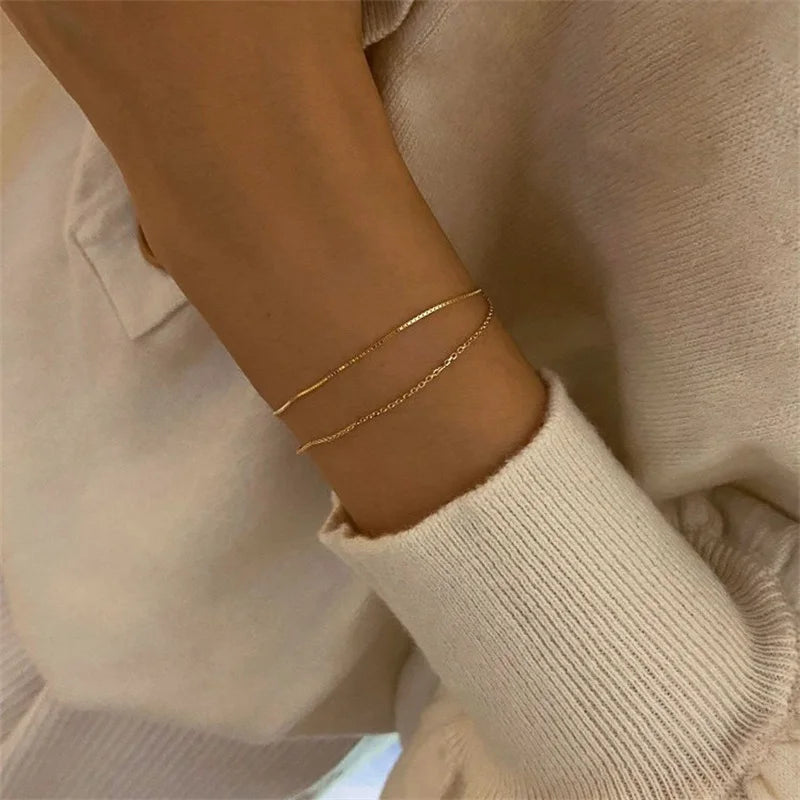 925 Silver 14K Gold Double Layer Box Chain Bracelet