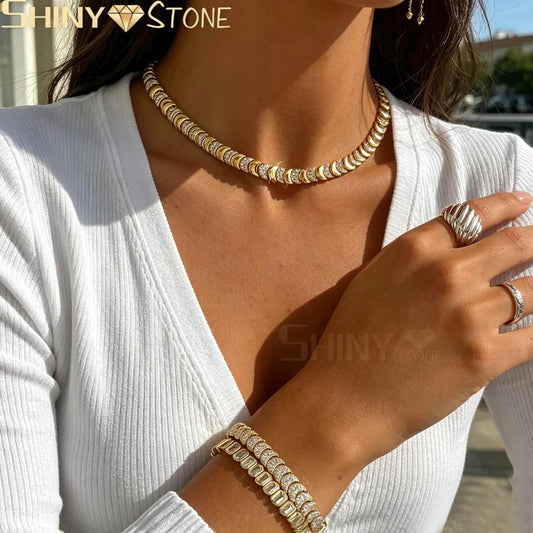Gold Moon CZ Charm Link Bracelet & Necklace Set