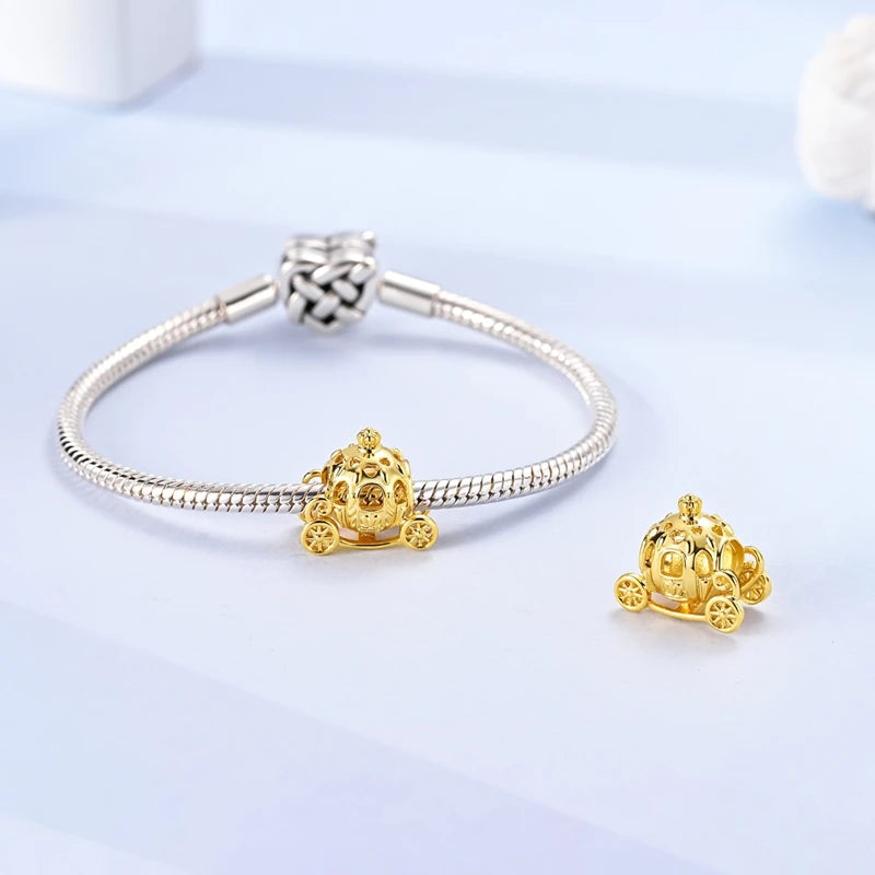 925 Sterling Silver Gold Plated Royal Pumpkin Carriage Dangle Charm Bead for Women