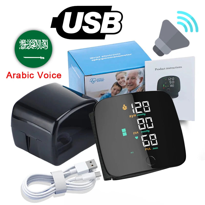 LED Wrist Blood Pressure Monitor – Rechargeable with Voice Broadcast