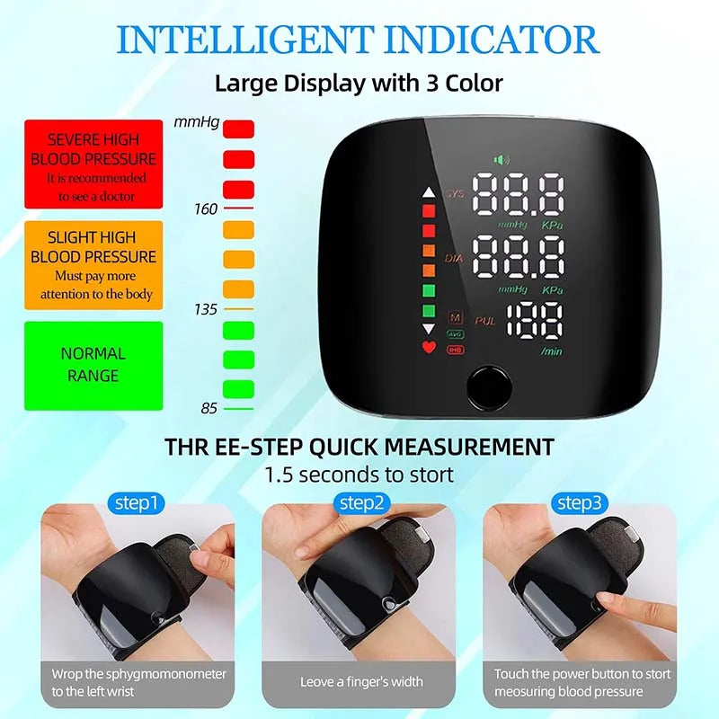 LED Wrist Blood Pressure Monitor – Rechargeable with Voice Broadcast