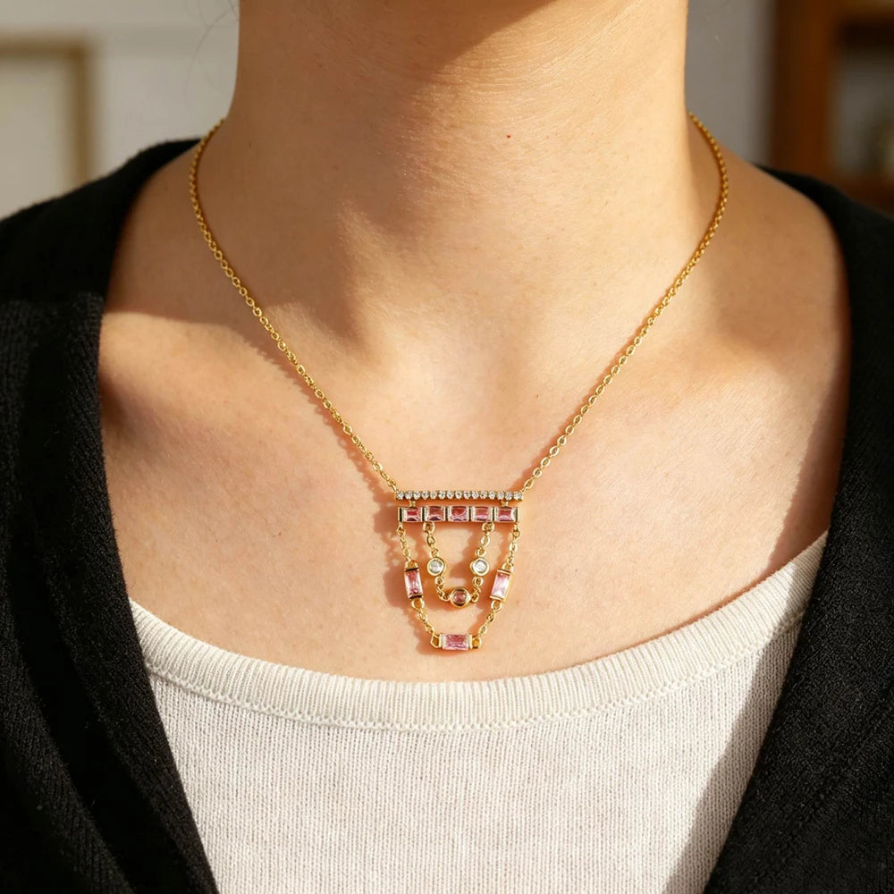 Gold CZ Bar Charm Tassel Pendant Necklace for Women