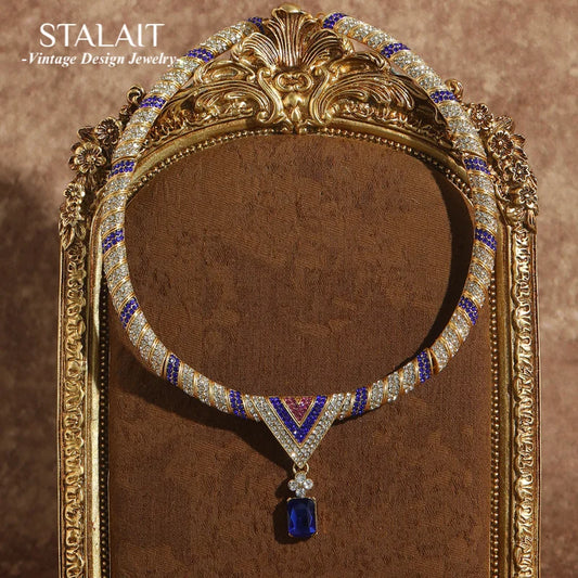 Vintage Blue Zircon Pendant Gold Choker Collar Necklace