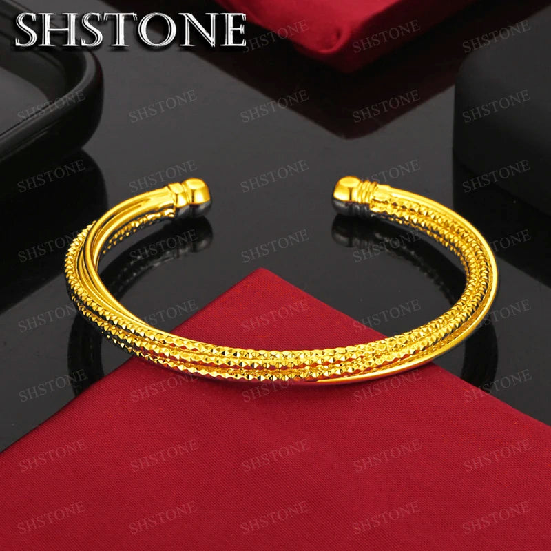 18K Gold Plated Twisted Grainy Opening Bangle Bracelet for Women – Wedding Fashion Jewelry
