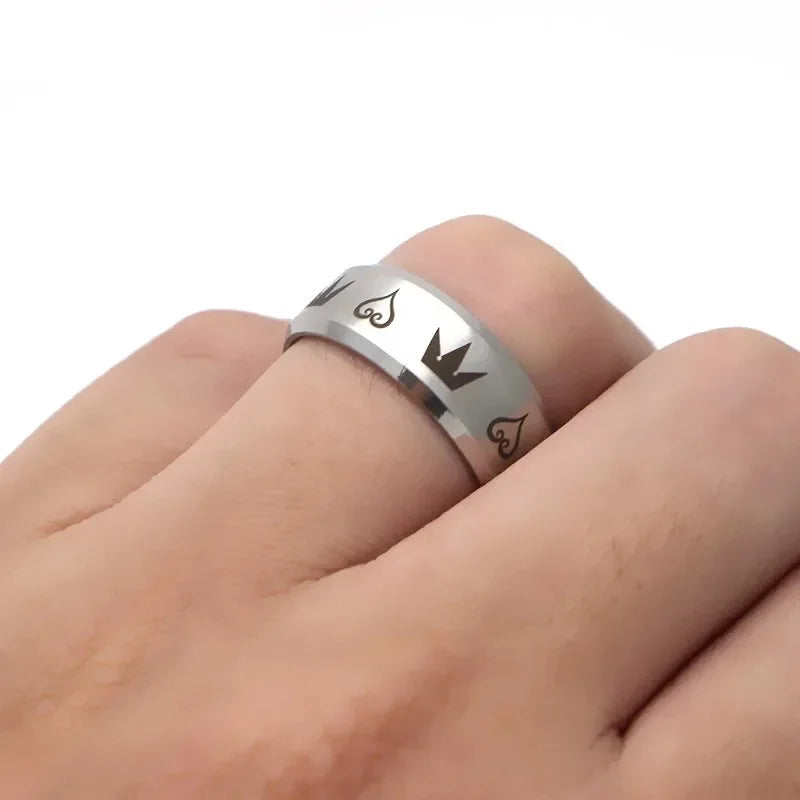 Men's Stainless Steel Ring – Black & Silver Crown Hearts Design