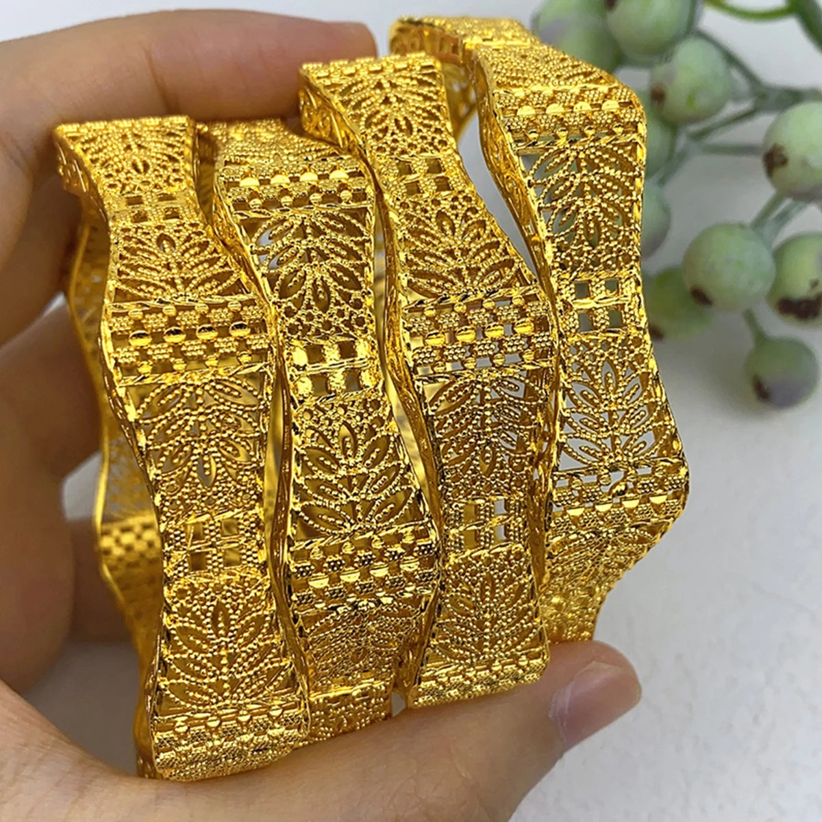 24K Gold Plated African Dubai Charm Bangles for Women – Nigerian Bridal Bracelet