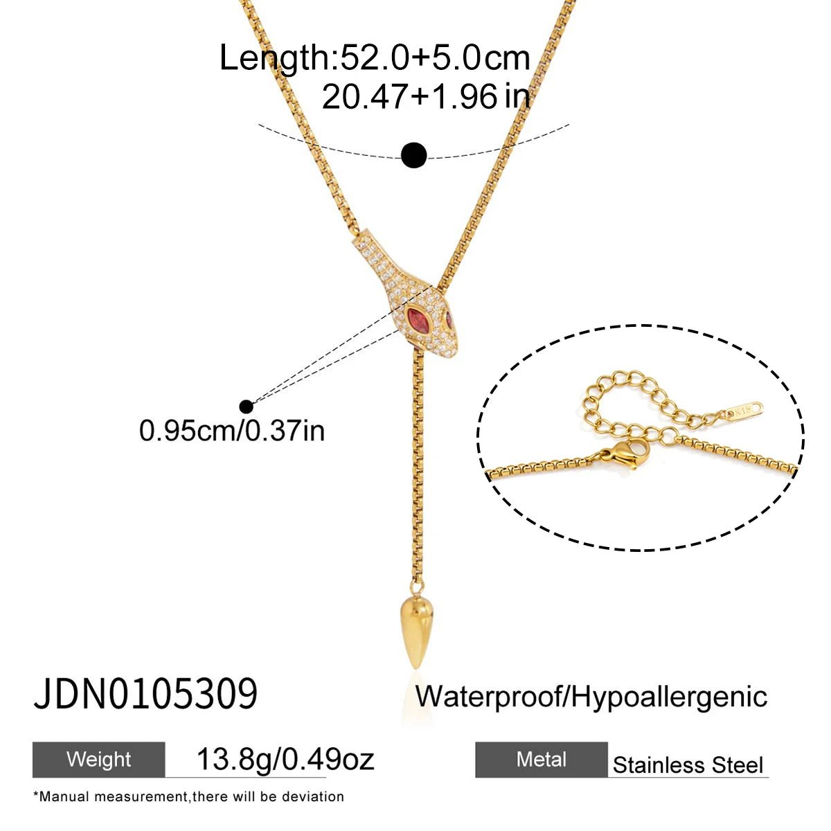 18K Gold PVD Snake Shape Zircon Adjustable Necklace
