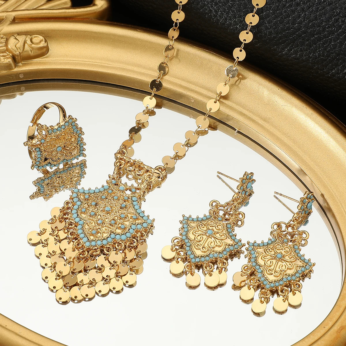 Gold Turquoise Tassel Necklace, Earrings & Ring Jewelry Set
