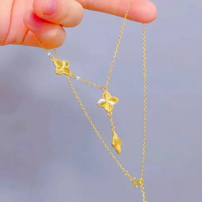 14K Gold Color Grass Pendant Collarbone Chain Necklace Set