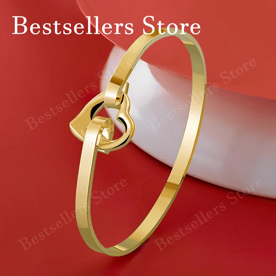 925 Sterling Silver 18K Gold Plated Heart Clasp Bangle for Women – Wedding Party Jewelry