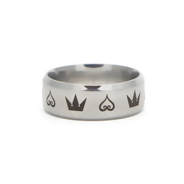 Men's Stainless Steel Ring – Black & Silver Crown Hearts Design