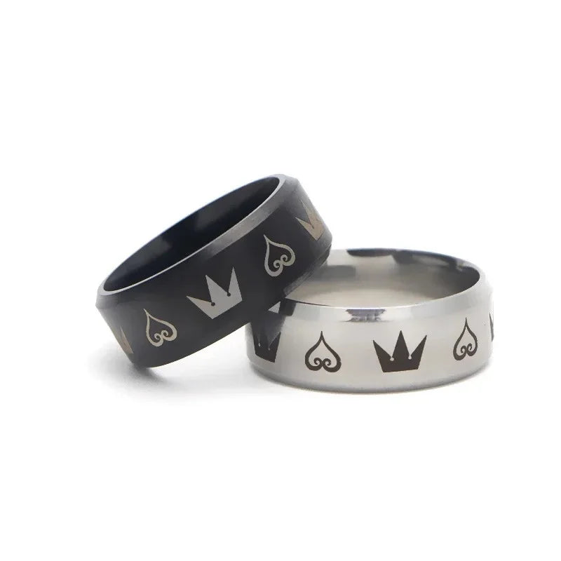 Men's Stainless Steel Ring – Black & Silver Crown Hearts Design