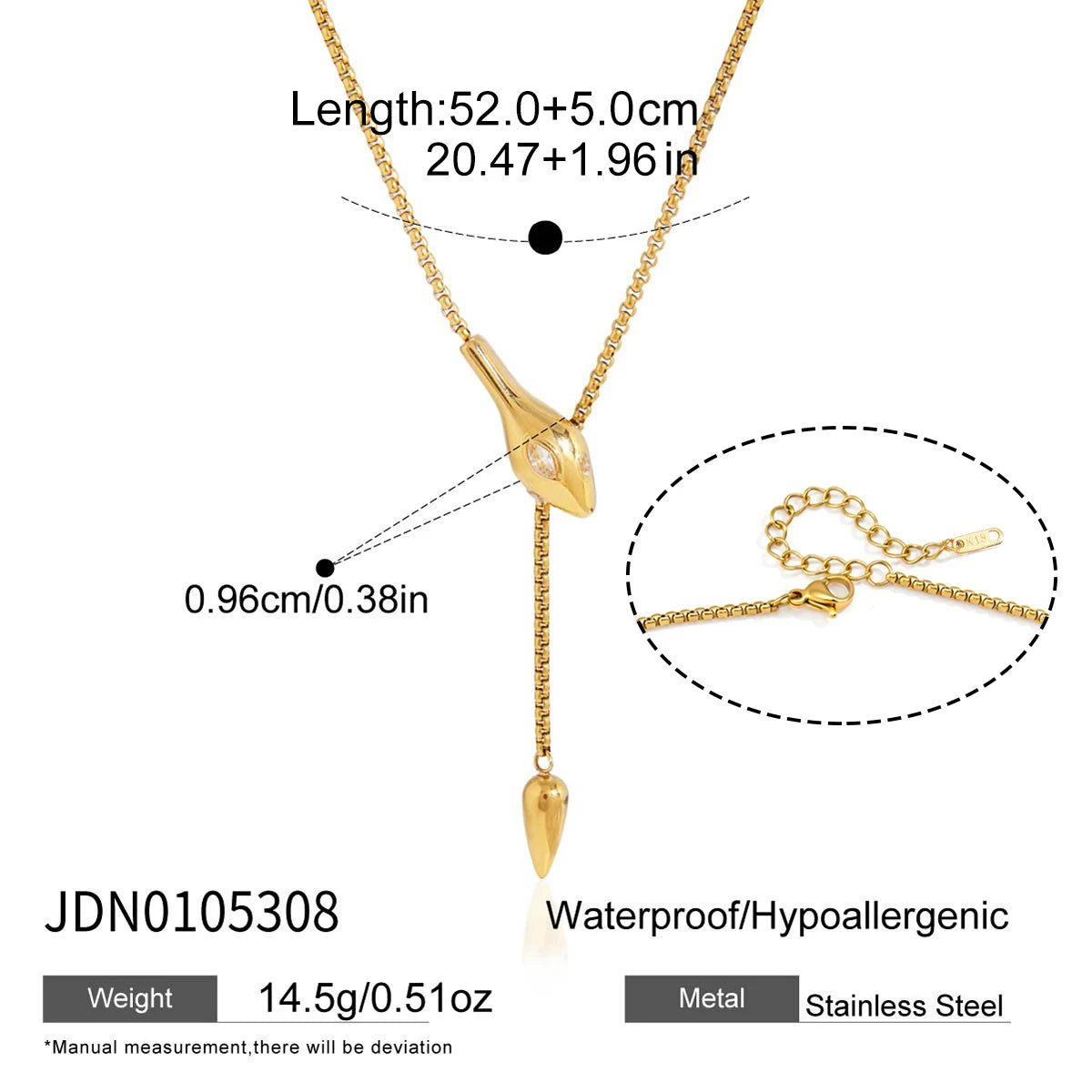 18K Gold PVD Snake Shape Zircon Adjustable Necklace