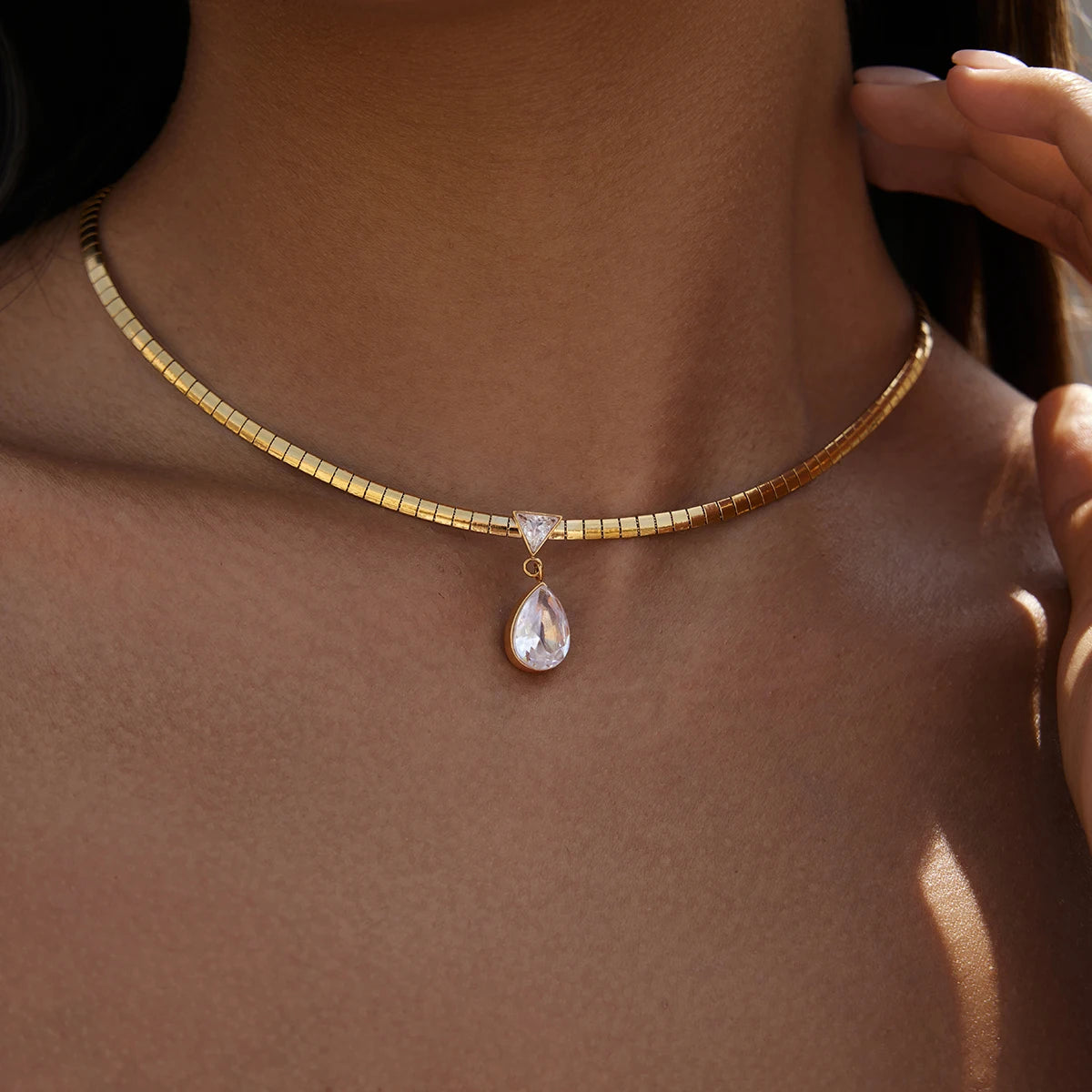 18K Gold PVD Geometric Zircon Pendant Choker Necklace