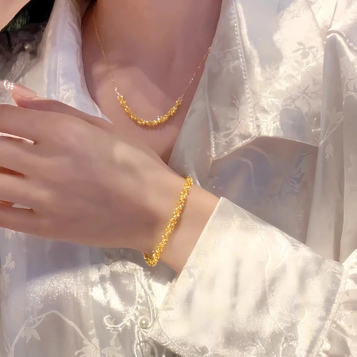 18K Gold Sparkling Beads Necklace & Bracelet Set for Women